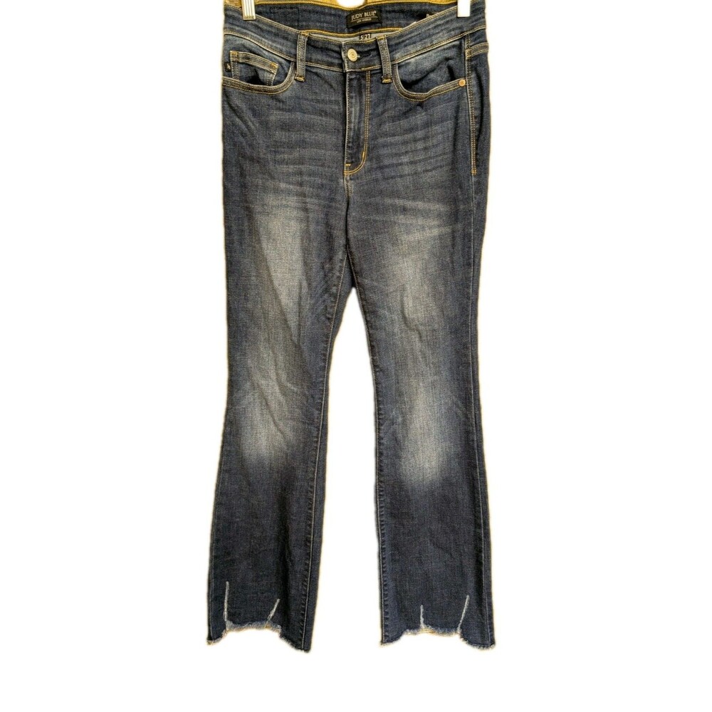 Judy Blue Women's Boot Cut Jeans Sz 5/27 Dark Wash Distressed Hem Stretch Denim
